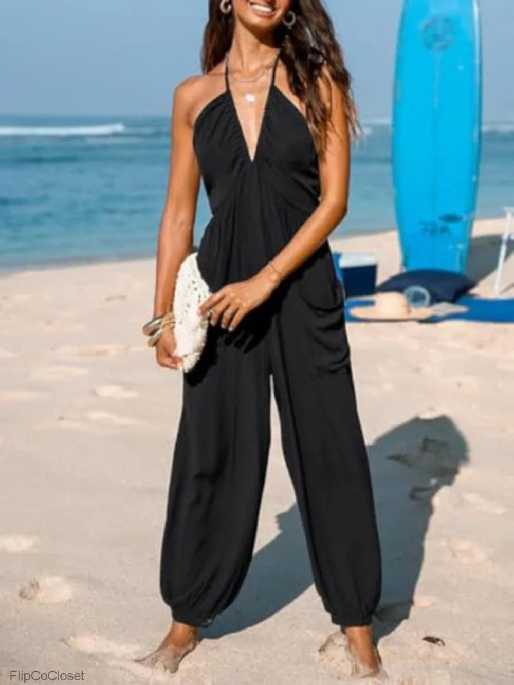 Women's Plunge Halter Sleeveless Pleated Long Romper Knit Jogger Maxi Jumpsuit